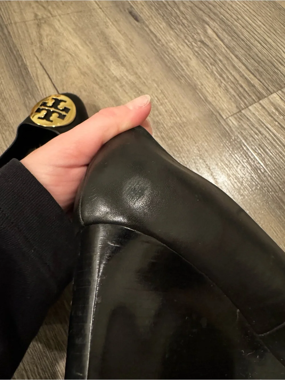 Tory Burch Black Sally Leather Wedge Gold Logo Size 10.5 (10 1/2)